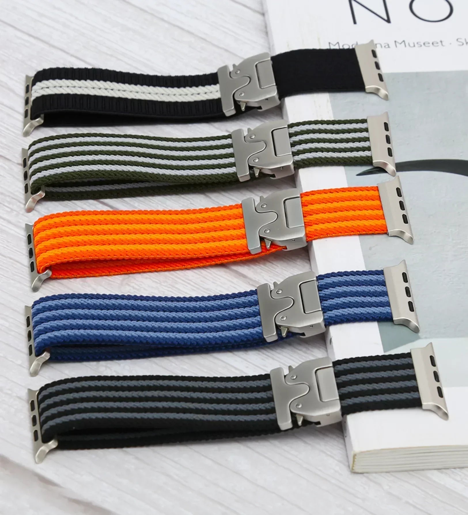 Parachute-Buckle Striped Nylon Apple Watch Band – Black